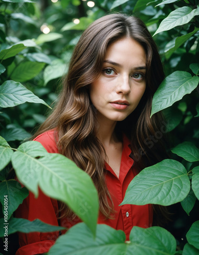 A young Caucasian woman with long wavy brown hair wearing a red jacket, surrounded by lush green foliage photo