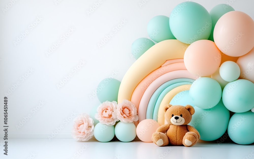 Obraz premium A colorful arrangement of pastel balloons forms a playful rainbow backdrop, accompanied by a cute teddy bear and soft floral elements.