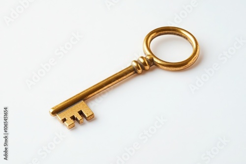 A gleaming golden key lies next to a small, matching lock, neatly positioned on a bright white surface. The elements suggest themes of mystery and security. photo