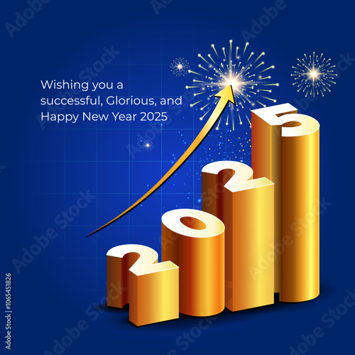 Vector illustration of 2025 new year number with growth arrow and fireworks background.