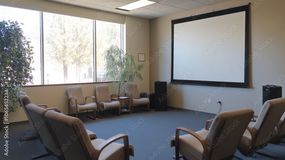 Business Meeting Room with Large Projector Screen and Comfortable Chairs Business Meeting Room with Large Projector Screen and Comfortable Chairs