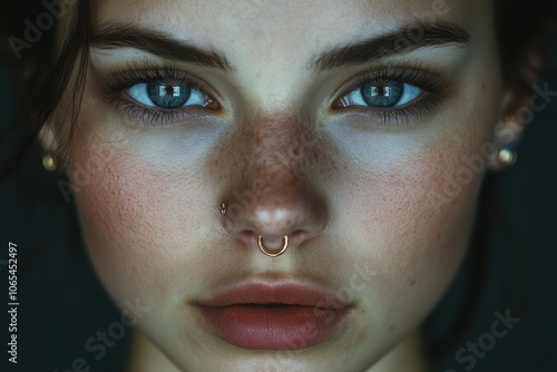 Septum Piercing: An artistic shot of a woman with a gold septum ring. Her face is framed symmetrically, with a focus on the piercing and subtle makeup. The background is dark for a dramatic effect.