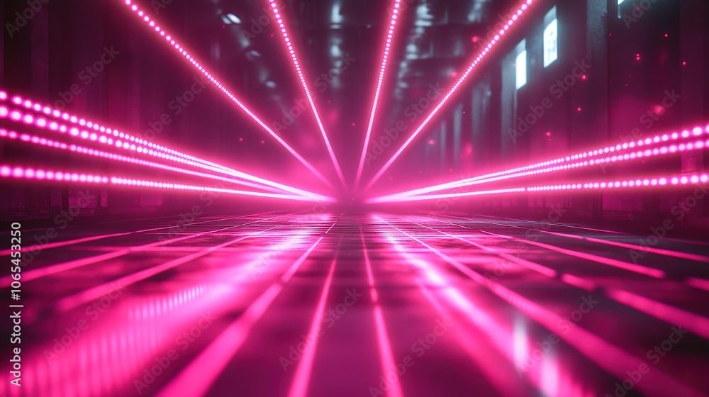 Fototapeta premium Bright pink laser beams forming a grid pattern on a dark