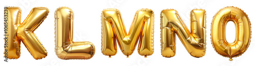 Set of letters K-O, alphabet made of golden balloons isolated on transparent background with outline. Concept for design.