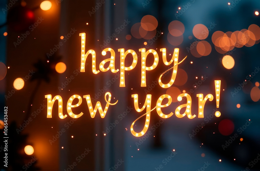 Lettering Happy New Year banner with christmas golden bokeh lights. Happy New Year greeting card with night defocused lights photo images Lettering Happy New Year banner with christmas golden bokeh lights. Happy New Year greeting card with night defocused lights photo images