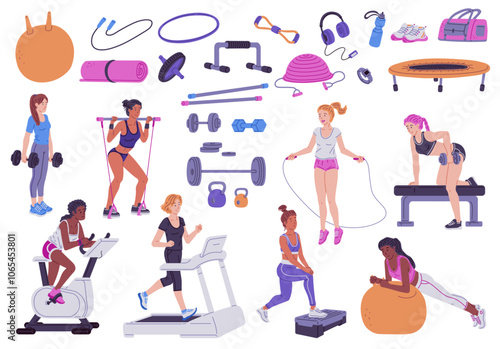 A vector set with sports equipment and young female athletes on a white background