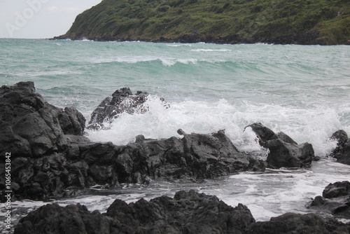 Waves Crashing against the Shore on Jeju Island