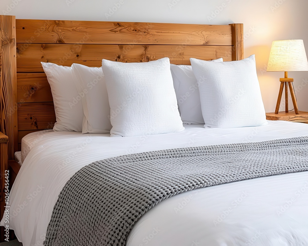 Bedroom with wooden headboard, plush bedding, and bedside lamp, cozy and relaxing Bedroom with wooden headboard, plush bedding, and bedside lamp, cozy and relaxing