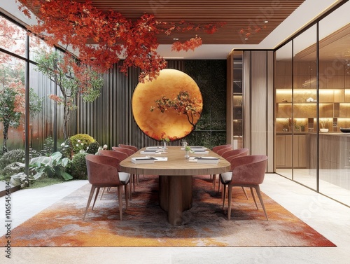 Team meeting in a modern office with autumn decorations, warm lighting 