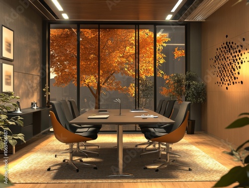 Team meeting in a modern office with autumn decorations, warm lighting 