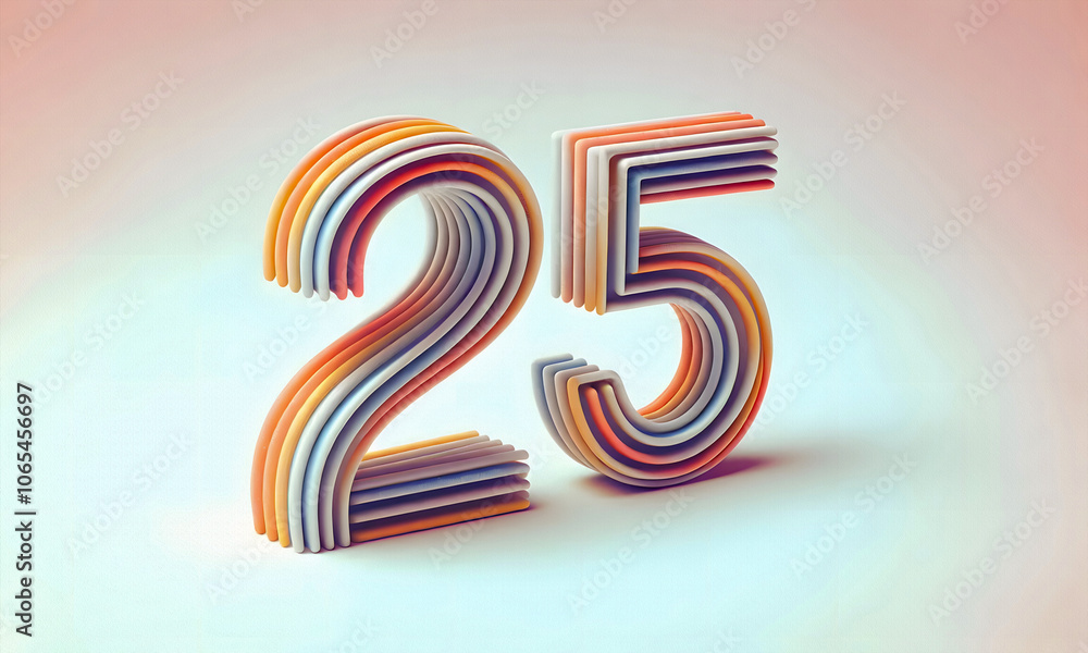 Obraz premium Die Zahl 25 in bunter Neonschrift auf hellem Hintergrund, copy space