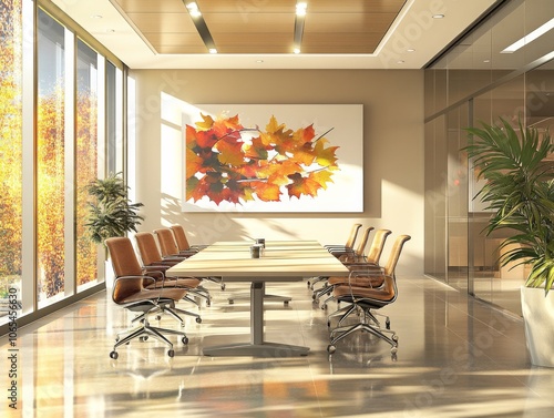Team meeting in a modern office with autumn decorations, warm lighting 