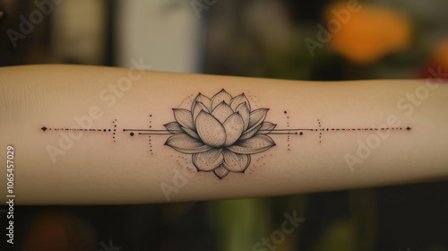 fine line lotus flower tattoo. simple fine line tattoo design on arm, simple line, black ink