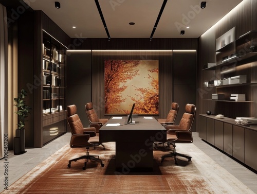 Team meeting in a modern office with autumn decorations, warm lighting 