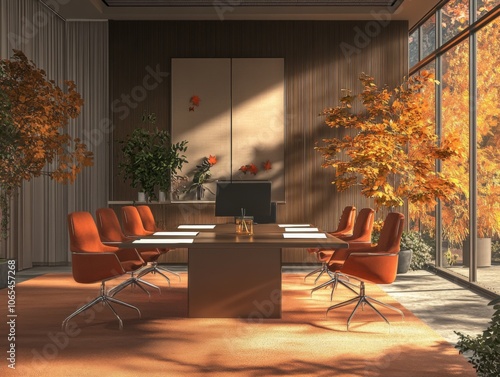 Team meeting in a modern office with autumn decorations, warm lighting 