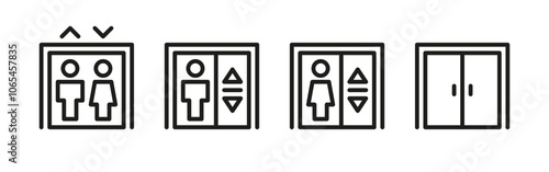 Elevator icons set. Lift for passenger or cargo elevators, lifts with closed, opened cabins doors. Vector illustration.