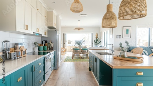 Modern beachside kitchen with white cabinets and teal accents photo