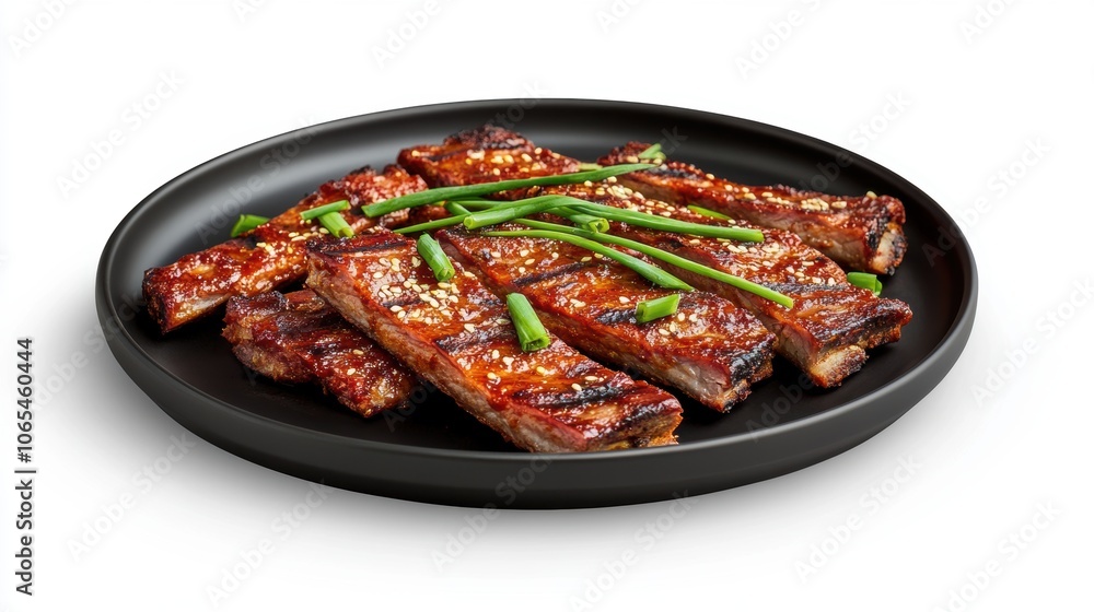 A black plate with spicy Korean BBQ ribs, garnished with green onions,