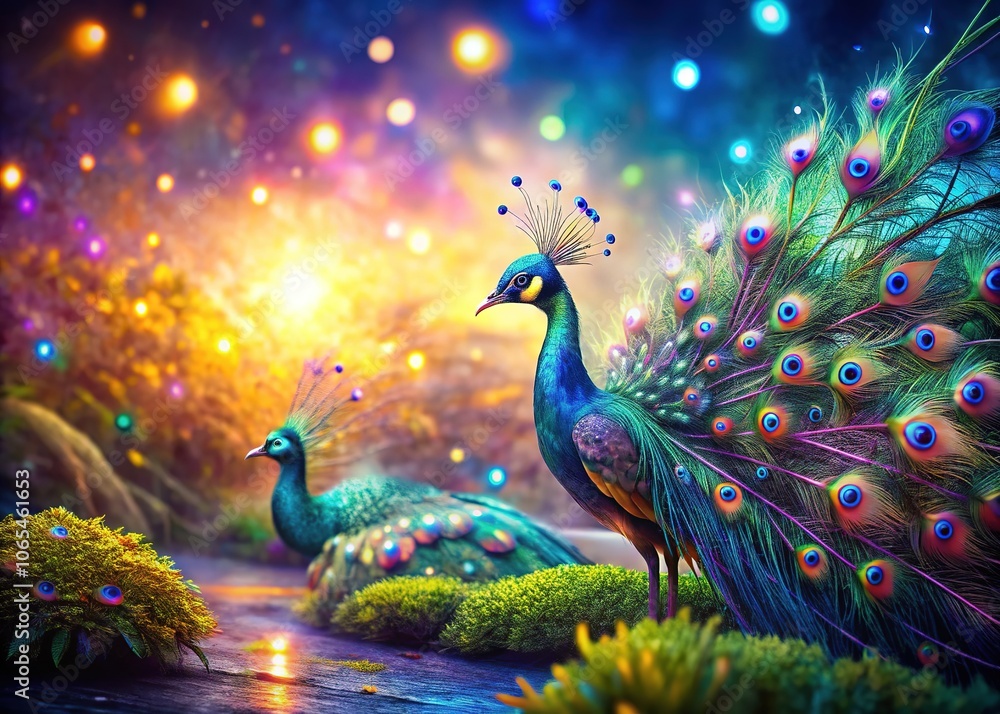 Fototapeta premium Nature's artistry meets fantasy in a vibrant peacock feather landscape.