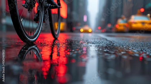 Cyclists on raindrenched city streets in marathon, reflective roads, grit and focus photo