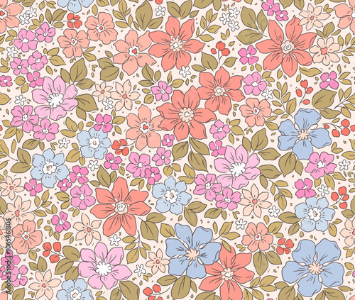 Elegant floral pattern in small hand draw flowers. Liberty style. Floral seamless background for fashion prints. Vintage print. Seamless vector texture. Spring bouquet.