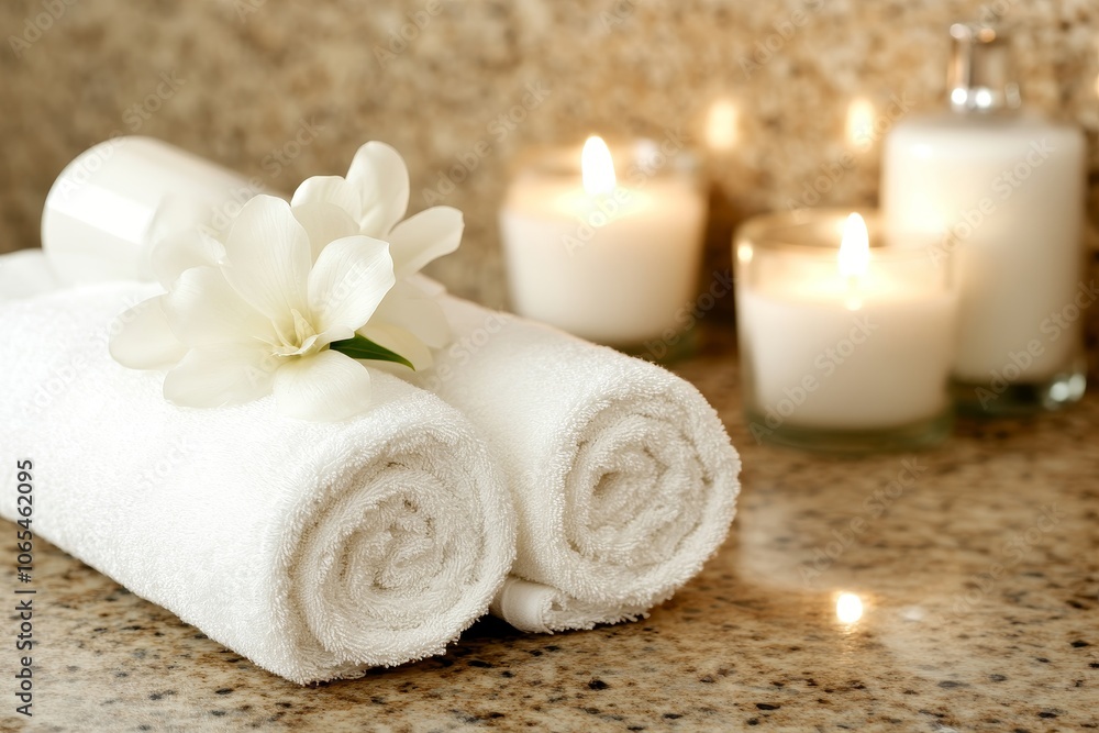Soft white towels neatly arranged with candles and a flower on a granite countertop in a calming spa setting Soft white towels neatly arranged with candles and a flower on a granite countertop in a calming spa setting