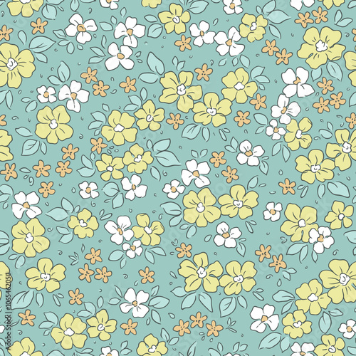 Elegant floral pattern in small hand draw flowers. Liberty style. Yellow and white flowers. Floral seamless background for fashion prints. Vintage print. Seamless vector texture. Spring bouquet.