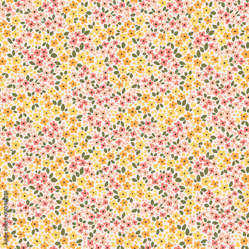 Vintage seamless floral pattern. Ditsy style background of small flowers. Small yellow and pink blooming flowers scattered over a white background. Stock vector for printing on surfaces and web design