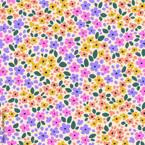 Cute seamless floral pattern. Ditsy style background of small flowers. Small blooming flowers scattered over a white background. Stock vector for printing on surfaces and web design.