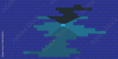an arrangement of black striped boxes, composing a building in the form of a wall texture on a blue background.