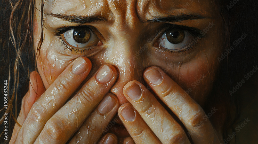 Obraz premium Kobieta, która płacze, trzymając twarz w dłoniach.