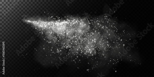 Dust sparkles and stars glow. Placer icing, sugar effect png, baking salt and flour, white powder.Vector glitter on transparent dark background. Christmas light effect. Sparkling magic dust particles.