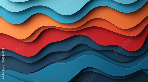 Abstract layered paper art with wavy shapes in multiple colors including blue, orange, red, and dark blue. Design features overlapping layers creating a three-dimensional effect.