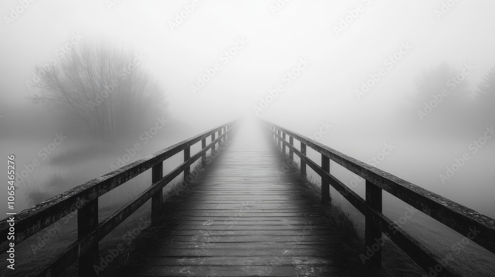 Fototapeta premium A Foggy Pathway Leading to the Unknown on a Wooden Bridge