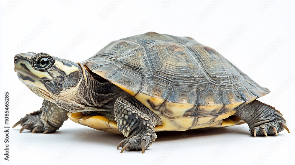 Obraz premium A turtle with a brown shell and yellow markings on its head and legs, isolated on a white background.