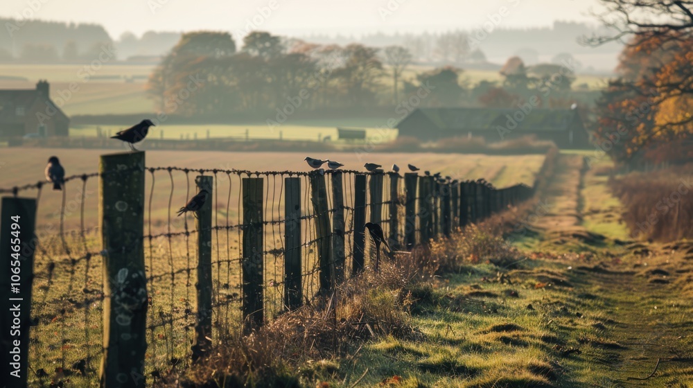 Obraz premium A tranquil countryside with birds perched on a fence, with a farm and fields in the background