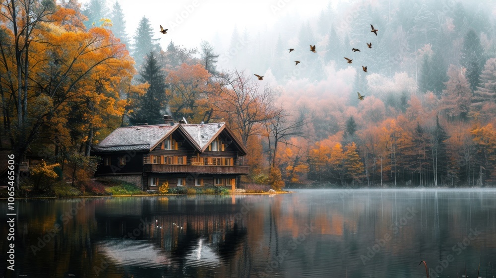 Fototapeta premium A tranquil lakeside cottage with birds flying over the water and trees surrounding