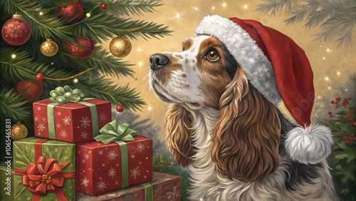 Festive Spaniel Dog in Santa Hat Admiring Christmas Tree