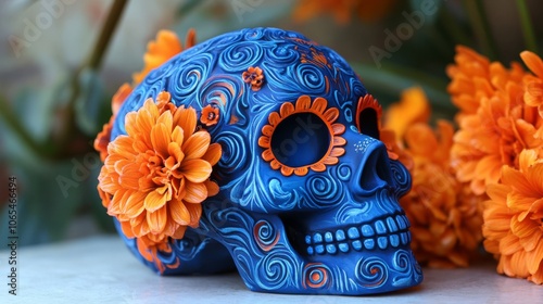 Blue and Orange Sugar Skull with Orange Flowers photo