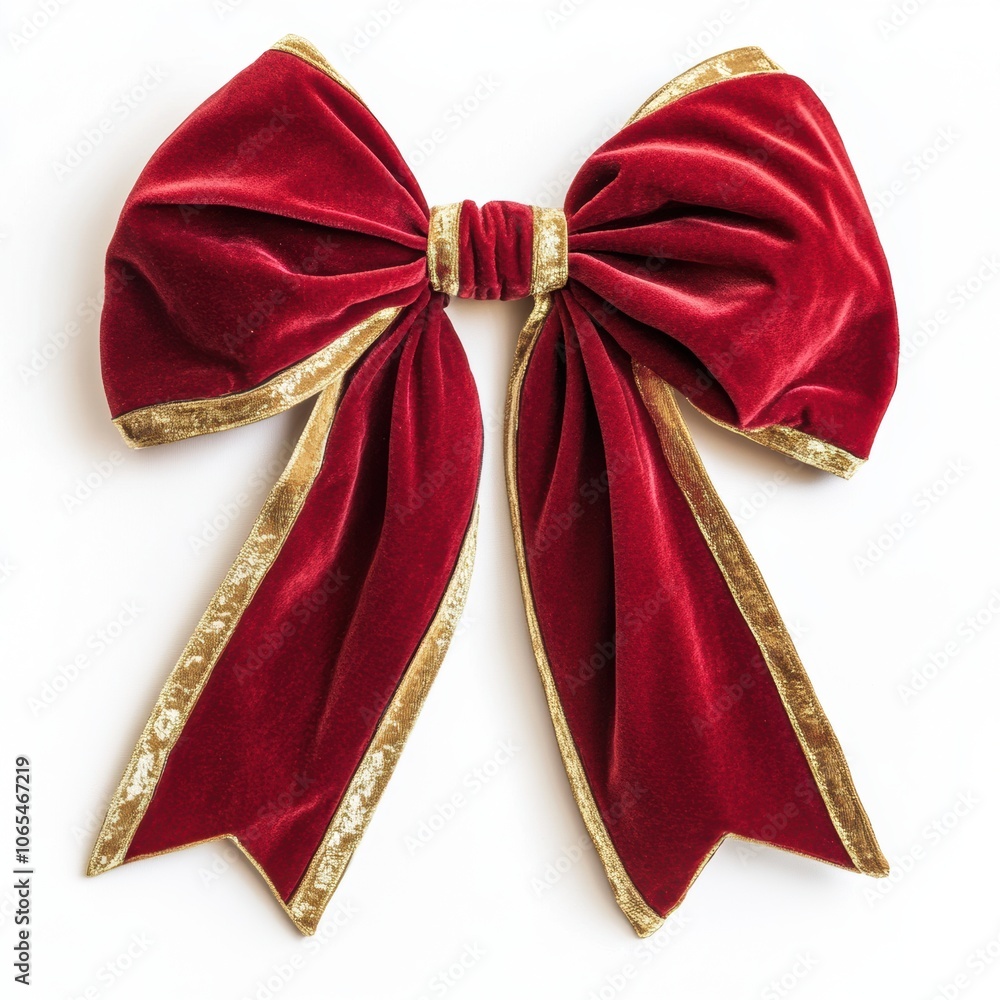 A classic red velvet bow with gold trim, with detailed folds and texture, arranged to look