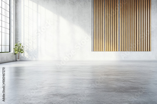 A large room with a white wall and a wooden panel on the wall