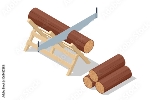 Isometric Sawing logs two-handed saw isolated on white. Lumberjack, Woodcutter, builder or carpenter instruments. Woodworking process. Handmade work.