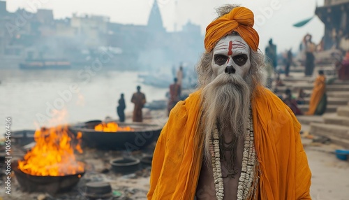 AI generator image of Hindu priest roaming the cremation grounds near the Ganges river photo