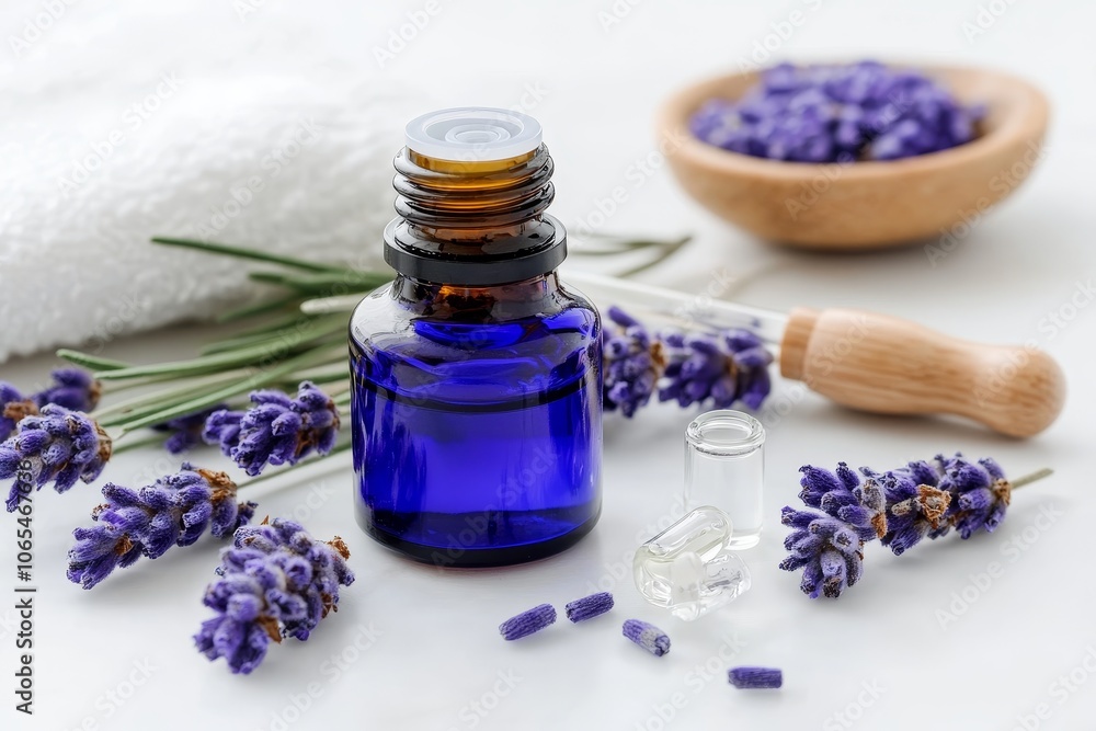 Lavender essential oil bottle surrounded by fresh lavender flowers and tools for aromatherapy on a clean white surface Lavender essential oil bottle surrounded by fresh lavender flowers and tools for aromatherapy on a clean white surface