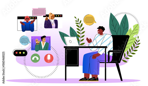 Man with business meeting online. Young guy with laptop communicates with women and men on Internet. Video call on social networks and instant messengers. Flat vector illustration