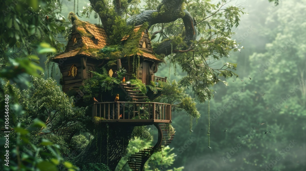 Fototapeta premium A whimsical treehouse with birds nesting and singing, surrounded by lush greenery