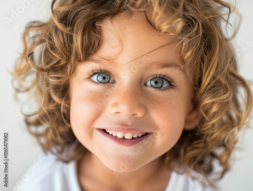 Close-up of a laughing child with a clean white backdrop, highlighting their happiness and playfulness