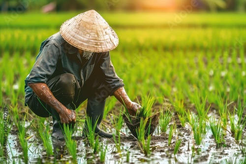 Thai farmer planting rice in lush green paddy field photo