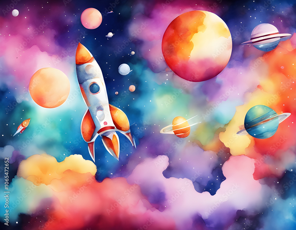 Fototapeta premium Colorful background creative watercolor spaceship group background