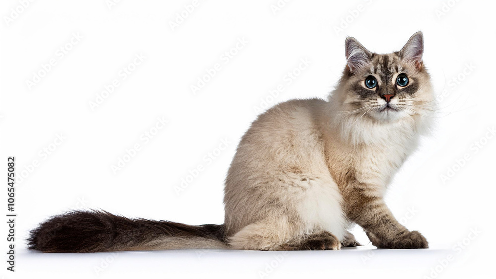 Fototapeta premium Neva Masquerade cat sitting on a white background.